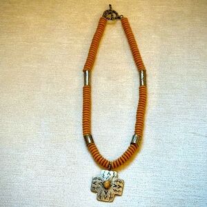 Vintage Sterling Silver Cross and Tibetan Bone Bead (?) Necklace/Choker